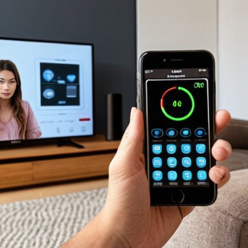 Home 18 **
A person using a smartphone app to measure EMF levels in their living room. Show common household appliances like a microwave and Wi-Fi router in the background. The app display should be visible, showing a reading (doesn't need to be accurate, just suggestive). The scene should feel modern and relatable, not overly technical.
**