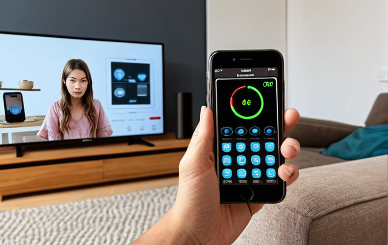 **
A person using a smartphone app to measure EMF levels in their living room. Show common household appliances like a microwave and Wi-Fi router in the background. The app display should be visible, showing a reading (doesn't need to be accurate, just suggestive). The scene should feel modern and relatable, not overly technical.
**