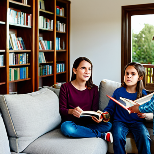 Home 17 A serene and aware family of four – a father, mother, and two children (approx. 8 and 12 years old) – in a comfortable, modern living room during daytime. They are fully clothed in appropriate, modest casual attire, engaged in a quiet, focused conversation about their home environment, with expressions of understanding and calm. The room features a cozy sofa, a bookshelf filled with physical books, and natural light streaming through a window. Electronic devices are either neatly put away or connected via visible cables, emphasizing a low-EMF approach. The atmosphere is peaceful and harmonious. professional photography, high detail, sharp focus, vibrant colors, natural lighting, perfect anatomy, correct proportions, well-formed hands, proper finger count, natural body proportions, safe for work, appropriate content, fully clothed, family-friendly.