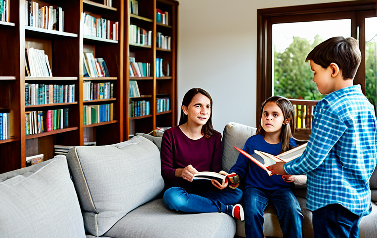 A serene and aware family of four – a father, mother, and two children (approx. 8 and 12 years old) – in a comfortable, modern living room during daytime. They are fully clothed in appropriate, modest casual attire, engaged in a quiet, focused conversation about their home environment, with expressions of understanding and calm. The room features a cozy sofa, a bookshelf filled with physical books, and natural light streaming through a window. Electronic devices are either neatly put away or connected via visible cables, emphasizing a low-EMF approach. The atmosphere is peaceful and harmonious. professional photography, high detail, sharp focus, vibrant colors, natural lighting, perfect anatomy, correct proportions, well-formed hands, proper finger count, natural body proportions, safe for work, appropriate content, fully clothed, family-friendly.