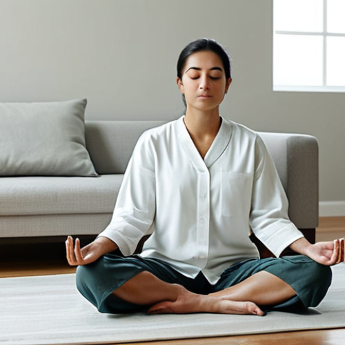 Home 8 A serene individual, fully clothed in modest, comfortable home attire, meditating calmly in a modern, tranquil living room. The walls are subtly painted in a neutral, calming tone, suggesting a shielded environment. The atmosphere is peaceful and quiet, with soft, natural light filtering in. The subject exhibits perfect anatomy, correct proportions, and a natural, relaxed pose. Well-formed hands, proper finger count, natural body proportions. This is a high-quality professional photograph, safe for work, appropriate content, family-friendly.