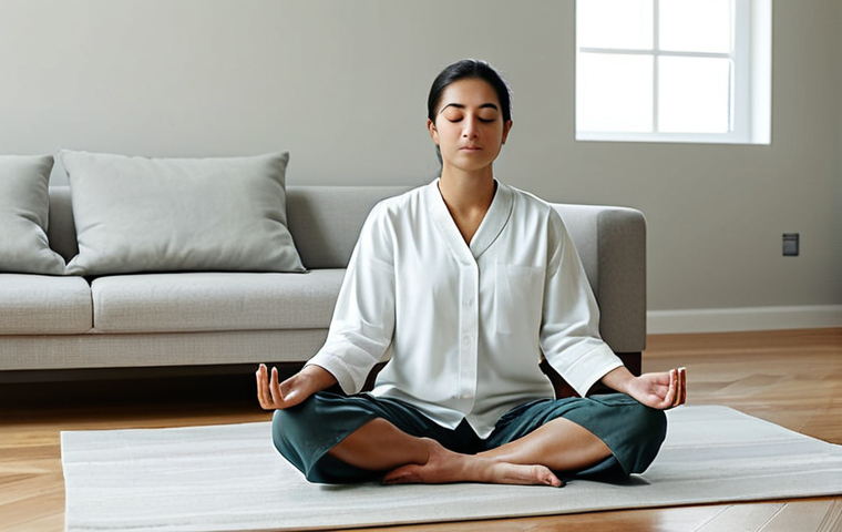 A serene individual, fully clothed in modest, comfortable home attire, meditating calmly in a modern, tranquil living room. The walls are subtly painted in a neutral, calming tone, suggesting a shielded environment. The atmosphere is peaceful and quiet, with soft, natural light filtering in. The subject exhibits perfect anatomy, correct proportions, and a natural, relaxed pose. Well-formed hands, proper finger count, natural body proportions. This is a high-quality professional photograph, safe for work, appropriate content, family-friendly.
