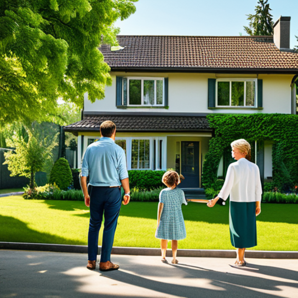 **
"A family looking at a house surrounded by lush green trees, fully clothed, appropriate attire, safe for work, warm sunlight, cheerful atmosphere, perfect anatomy, natural proportions, family-friendly, modest clothing, professional real estate photography, high quality."
**
