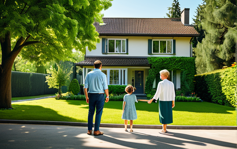 **
"A family looking at a house surrounded by lush green trees, fully clothed, appropriate attire, safe for work, warm sunlight, cheerful atmosphere, perfect anatomy, natural proportions, family-friendly, modest clothing, professional real estate photography, high quality."
**