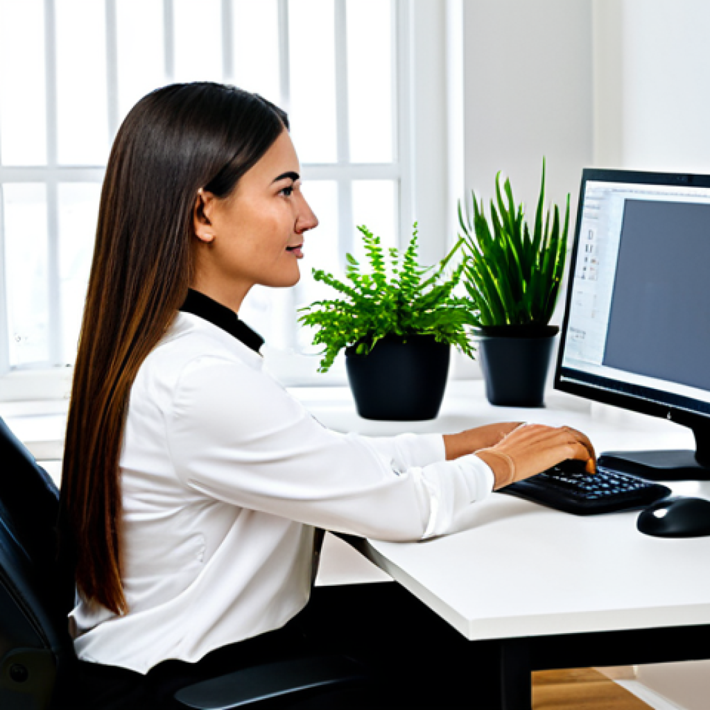 EMF 노출이 건강에 미치는 영향 - Modern Home Office - Reducing EMF Exposure**
"A brightly lit modern home office. A woman, fully clo...