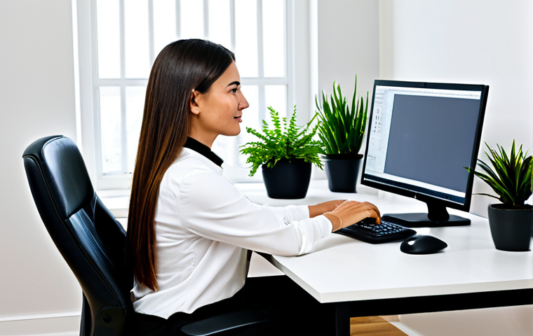 EMF 노출이 건강에 미치는 영향 - Modern Home Office - Reducing EMF Exposure**
"A brightly lit modern home office. A woman, fully clo...