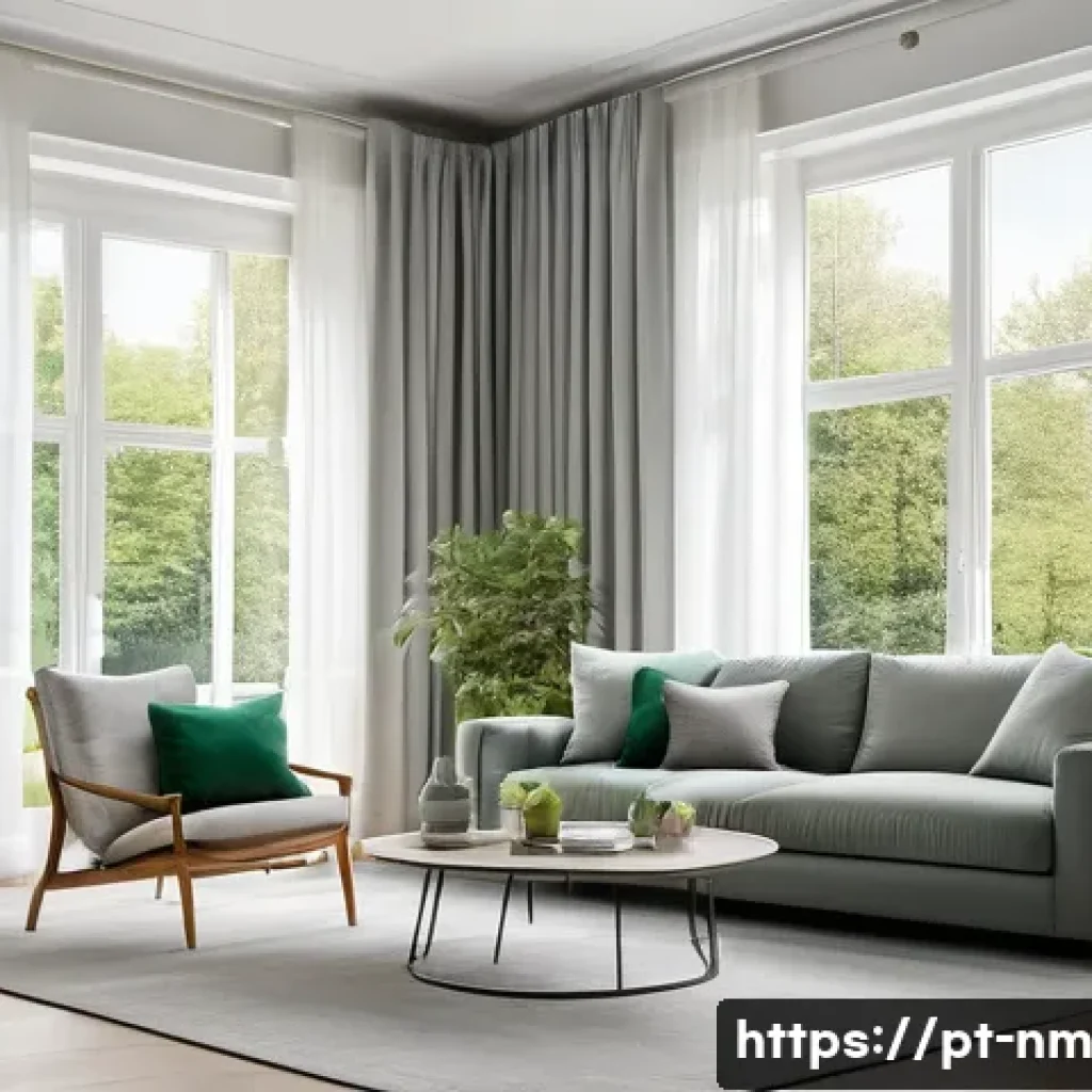 EMF 차단을 위한 커튼 및 패브릭 선택 - A cozy modern living room with large windows covered by sleek silver-gray curtains woven with fine m...