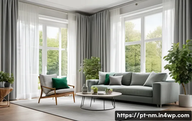 EMF 차단을 위한 커튼 및 패브릭 선택 - A cozy modern living room with large windows covered by sleek silver-gray curtains woven with fine m...