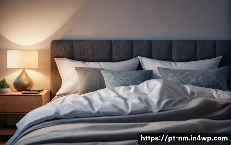 저EMF 환경과 삶의 질 향상의 상관관계 - A cozy modern bedroom at night with a Portuguese-speaking adult male sleeping peacefully, smartphone...