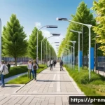 Home 21 EMF 저감 환경의 문화적 차이 - A detailed urban scene in a modern European city showcasing carefully planned placement of cellular ...