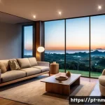 Home 20 가정용 저EMF 전자기기 추천 리스트 - A modern Brazilian living room at night illuminated by warm, low-EMF LED bulbs; sleek, minimalist fu...