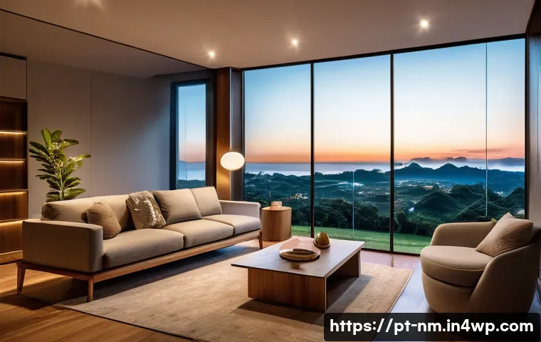 가정용 저EMF 전자기기 추천 리스트 - A modern Brazilian living room at night illuminated by warm, low-EMF LED bulbs; sleek, minimalist fu...