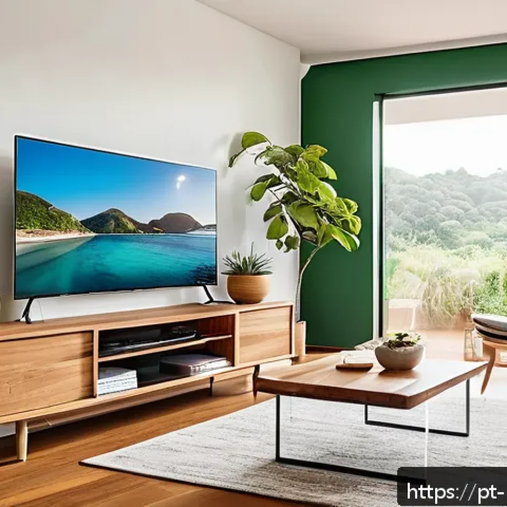저EMF 주거지의 디자인 트렌드 분석 - A modern living room in a Brazilian home, showcasing a smart placement of electronic devices to redu...