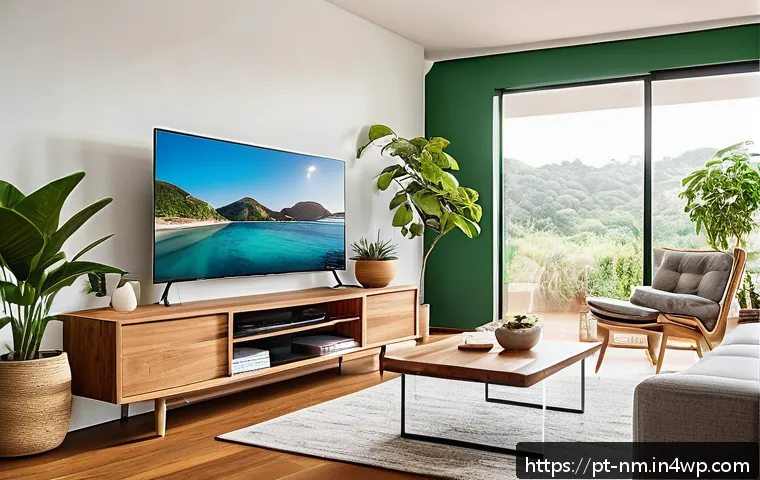 저EMF 주거지의 디자인 트렌드 분석 - A modern living room in a Brazilian home, showcasing a smart placement of electronic devices to redu...