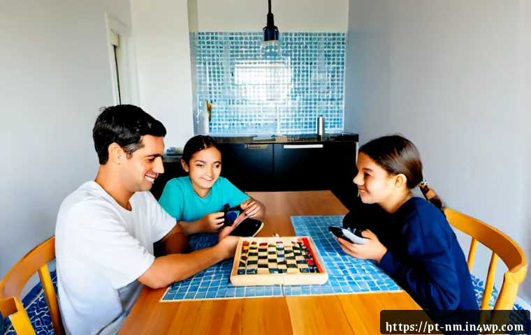 Home 17 저EMF 환경에서의 가족 건강 관리 전략 - Photorealistic Portuguese family in a bright Lisbon apartment, parents and two school-age children e...