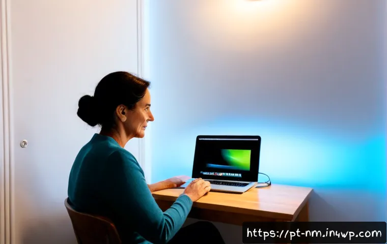 Home 17 EMF 차단 기술의 성과와 한계 - Photorealistic home office in Portugal, a middle-aged woman calmly working at a wooden desk beside a...
